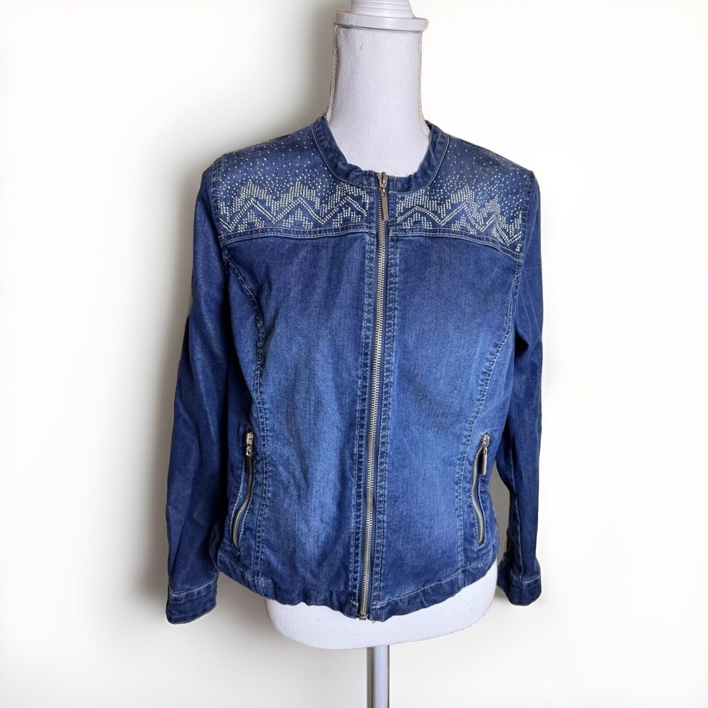 Vintage Baccini Jacket Women's Large Petite Blue Denim Rhinestone Full Zip